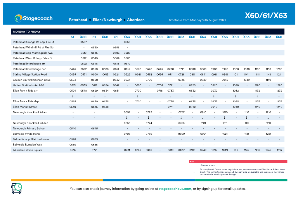 X60/61/X63 Peterhead • Ellon/Newburgh • Aberdeen Timetable from Monday 16Th August 2021