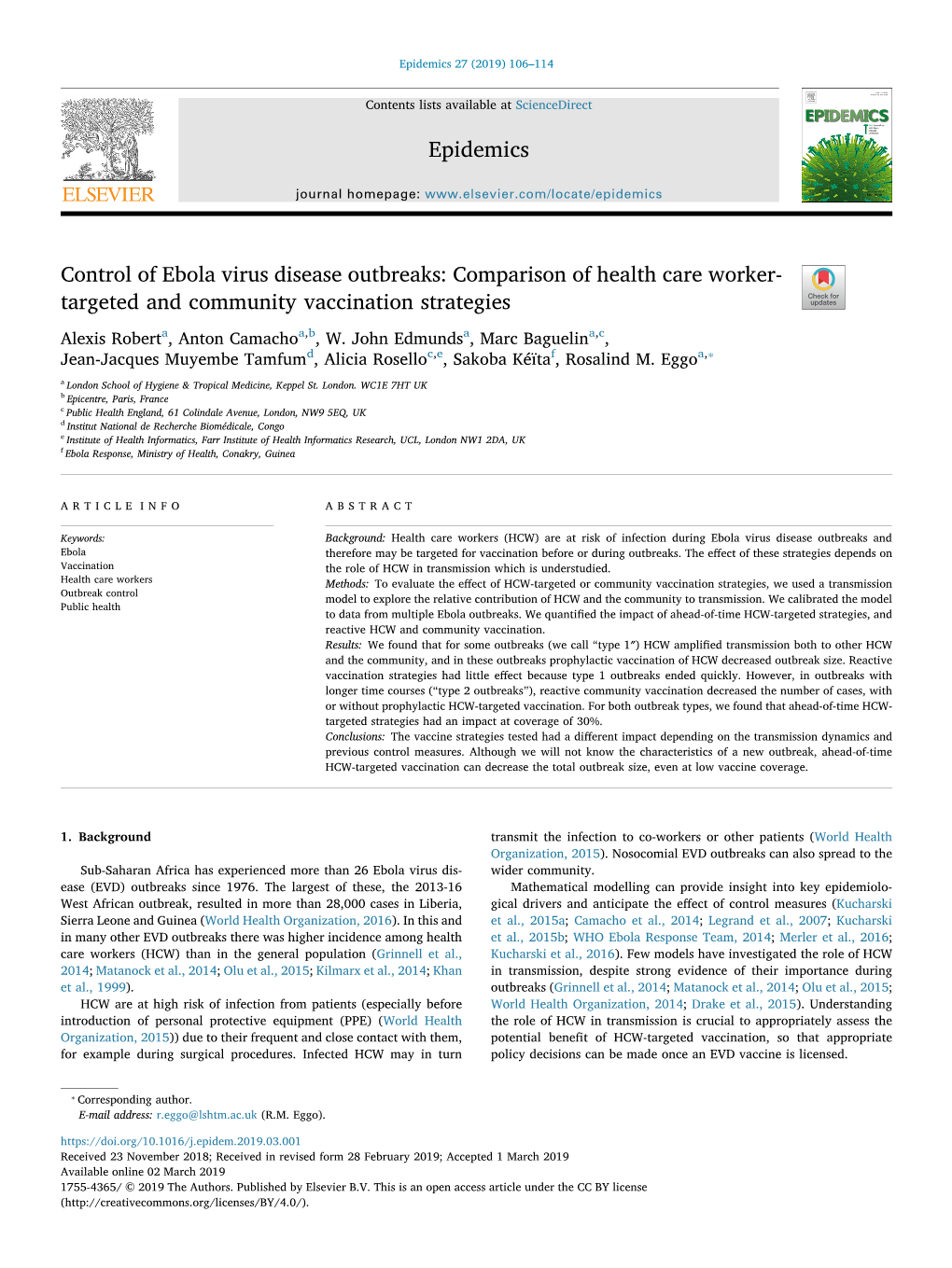 Control of Ebola Virus Disease Outbreaks Comparison of Health