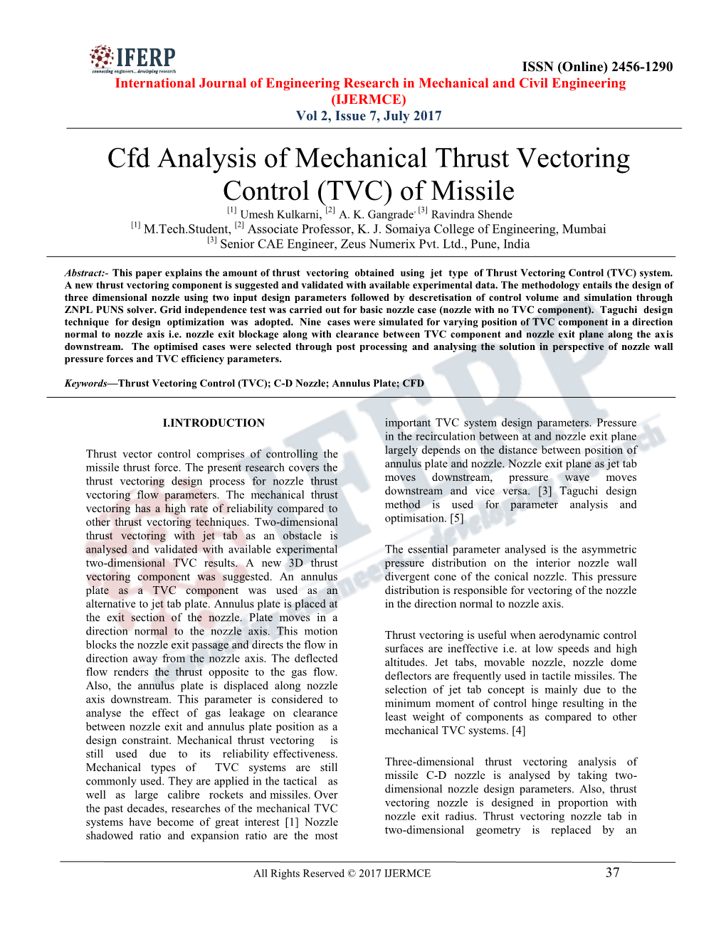 Cfd Analysis of Mechanical Thrust Vectoring Control (TVC) of Missile [1] Umesh Kulkarni, [2] A