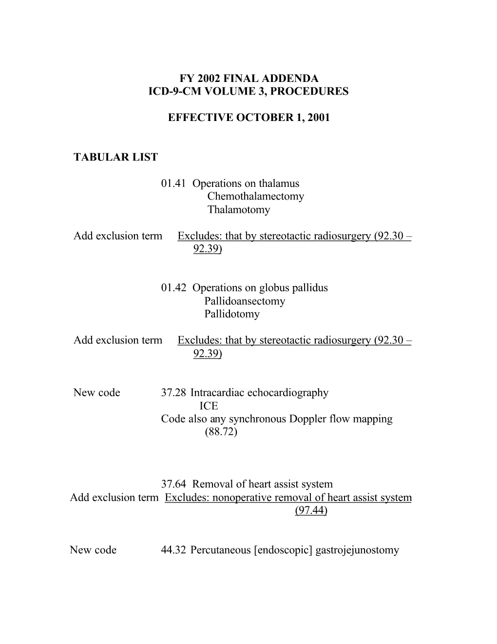 FY 2002 FINAL ADDENDA ICD-9-CM VOLUME 3, PROCEDURES EFFECTIVE OCTOBER 1, 2001 TABULAR LIST 01.41 Operations on Thalamus Chemoth