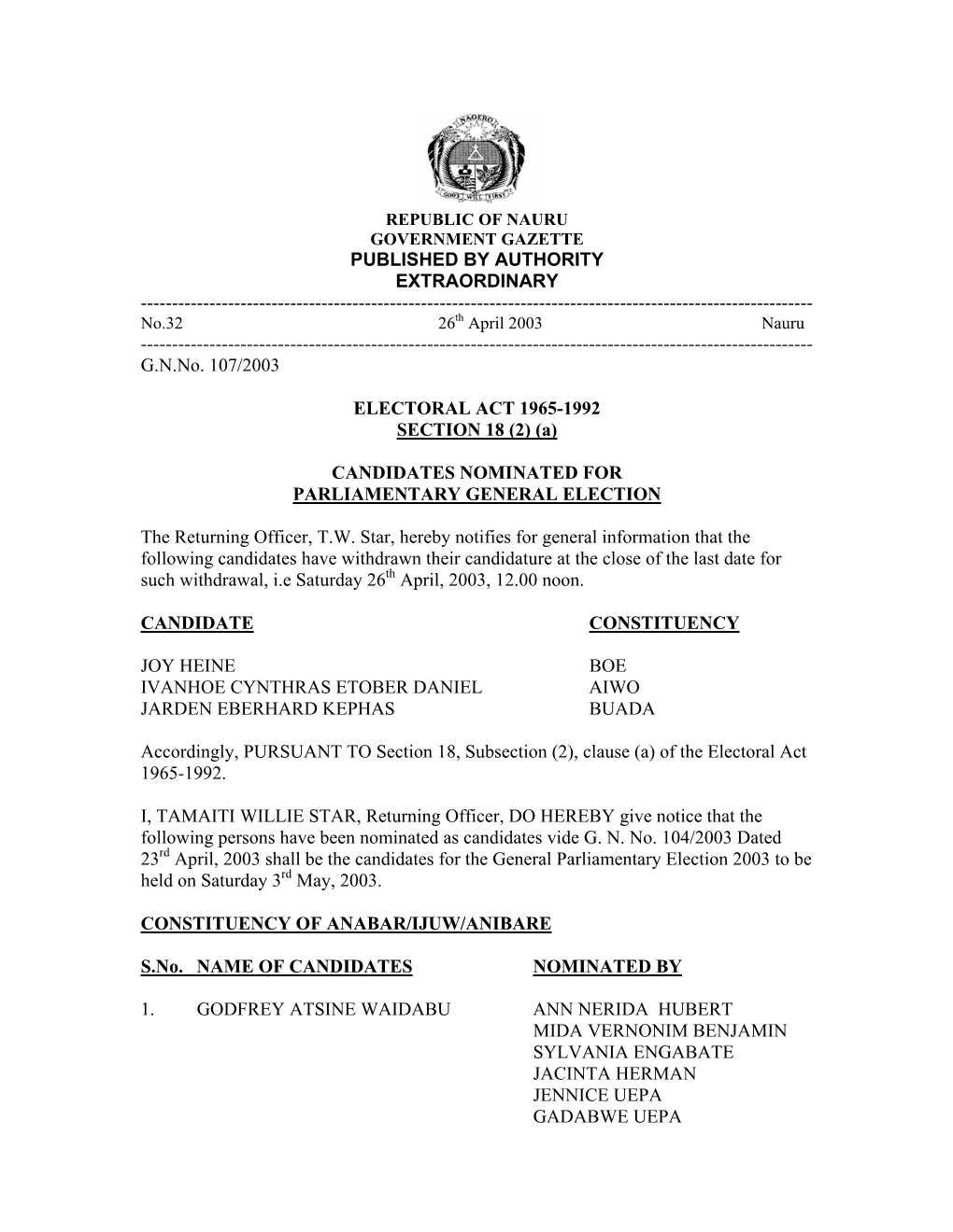 REPUBLIC of NAURU GOVERNMENT GAZETTE PUBLISHED by AUTHORITY EXTRAORDINARY ------No.32 26Th April 2003 Nauru ------G.N.No