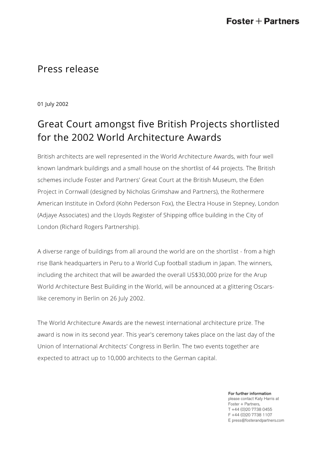 Press Release Great Court Amongst Five British Projects Shortlisted For