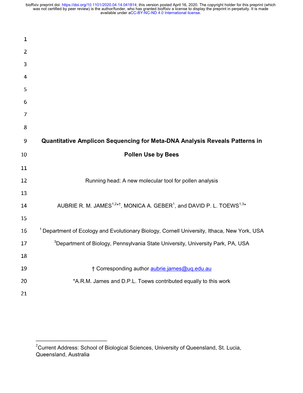 Quantitative Amplicon Sequencing for Meta-DNA Analysis Reveals Patterns In