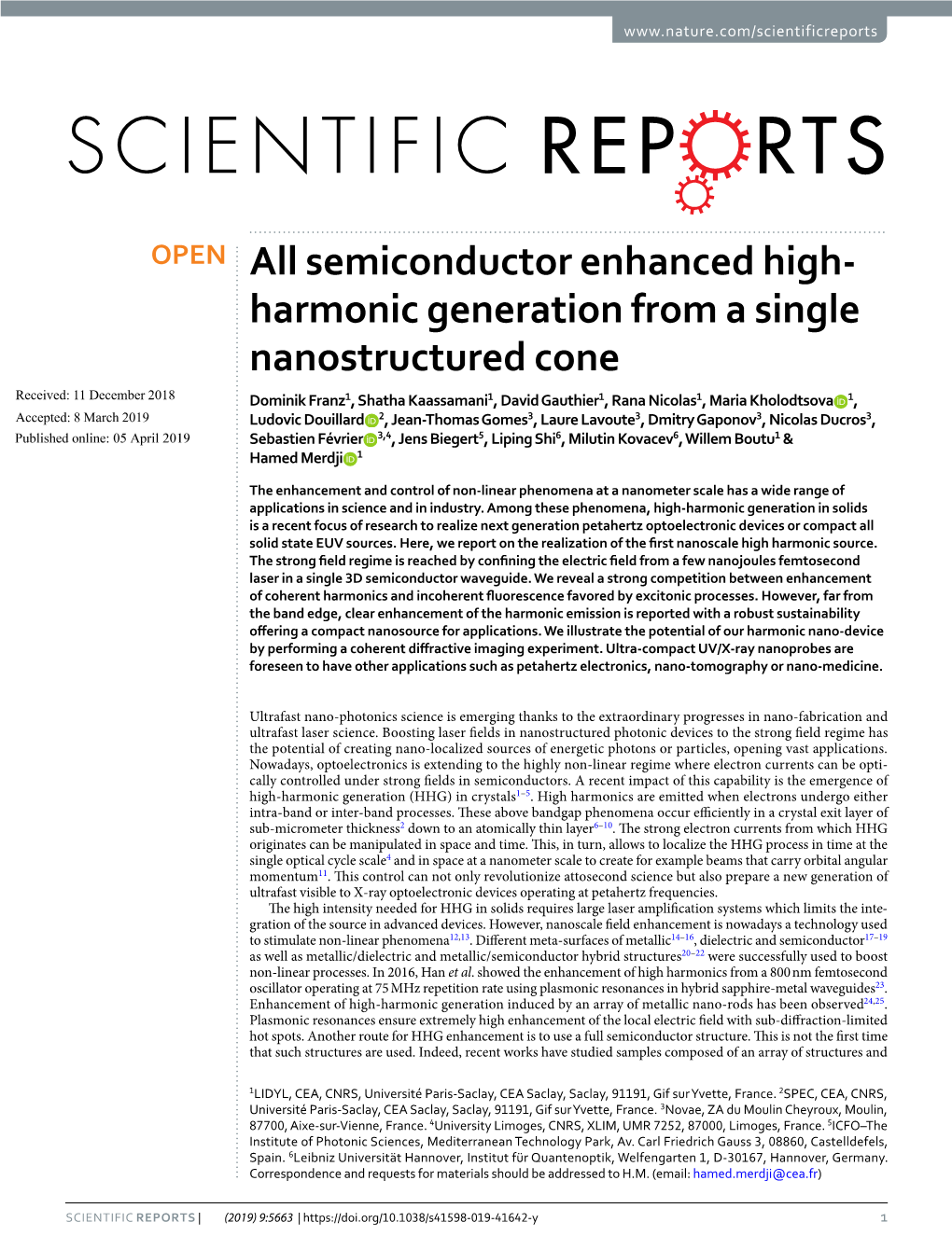 All Semiconductor Enhanced High-Harmonic Generation from a Single Nanostructured Cone