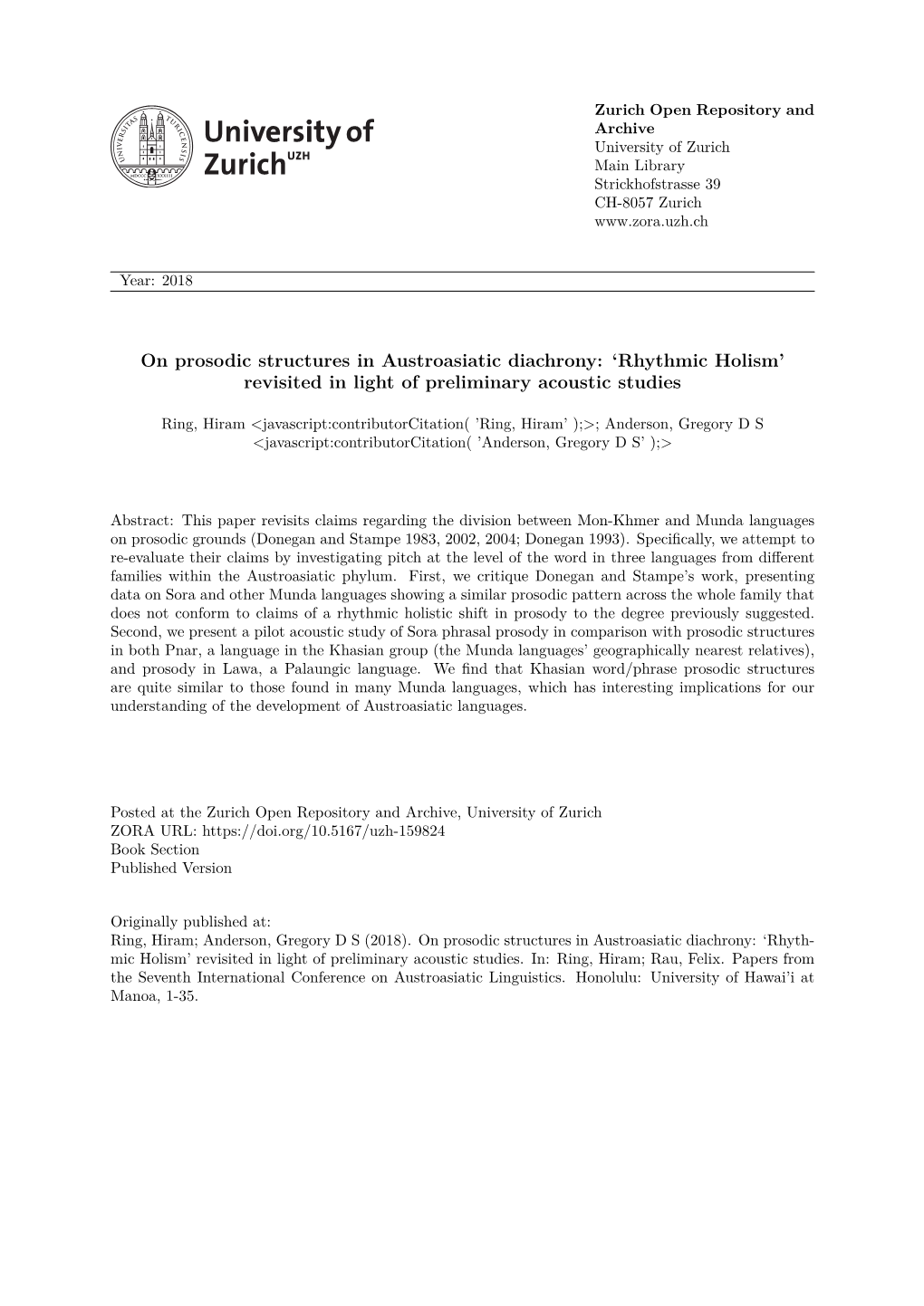 On Prosodic Structures in Austroasiatic Diachrony: ‘Rhythmic Holism’ Revisited in Light of Preliminary Acoustic Studies