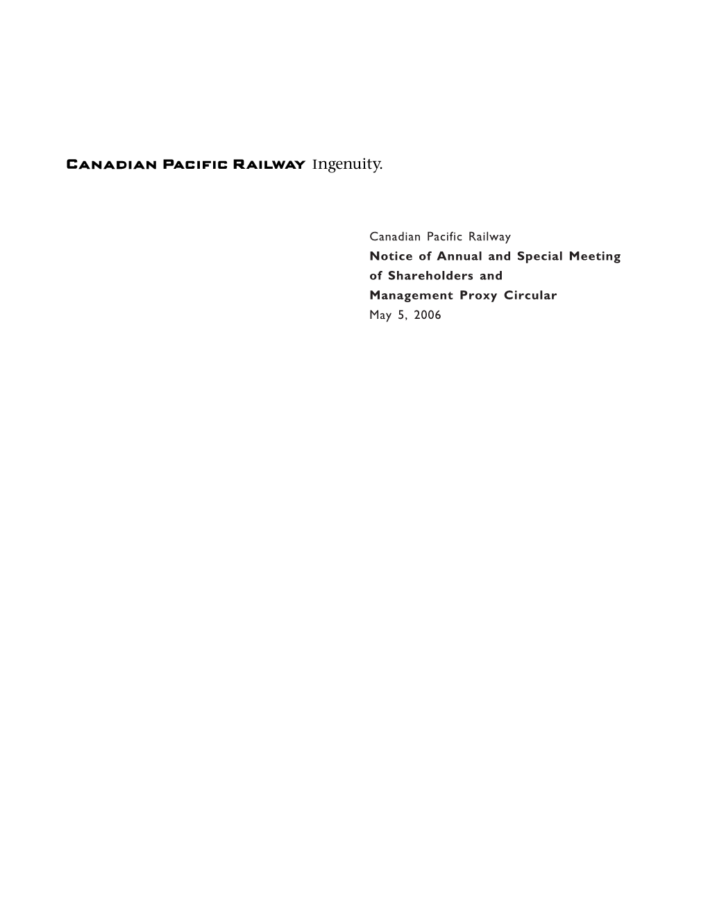 Canadian Pacific Railway Notice of Annual and Special Meeting Of