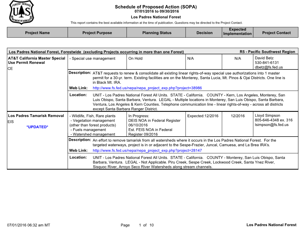 Los Padres National Forest This Report Contains the Best Available Information at the Time of Publication