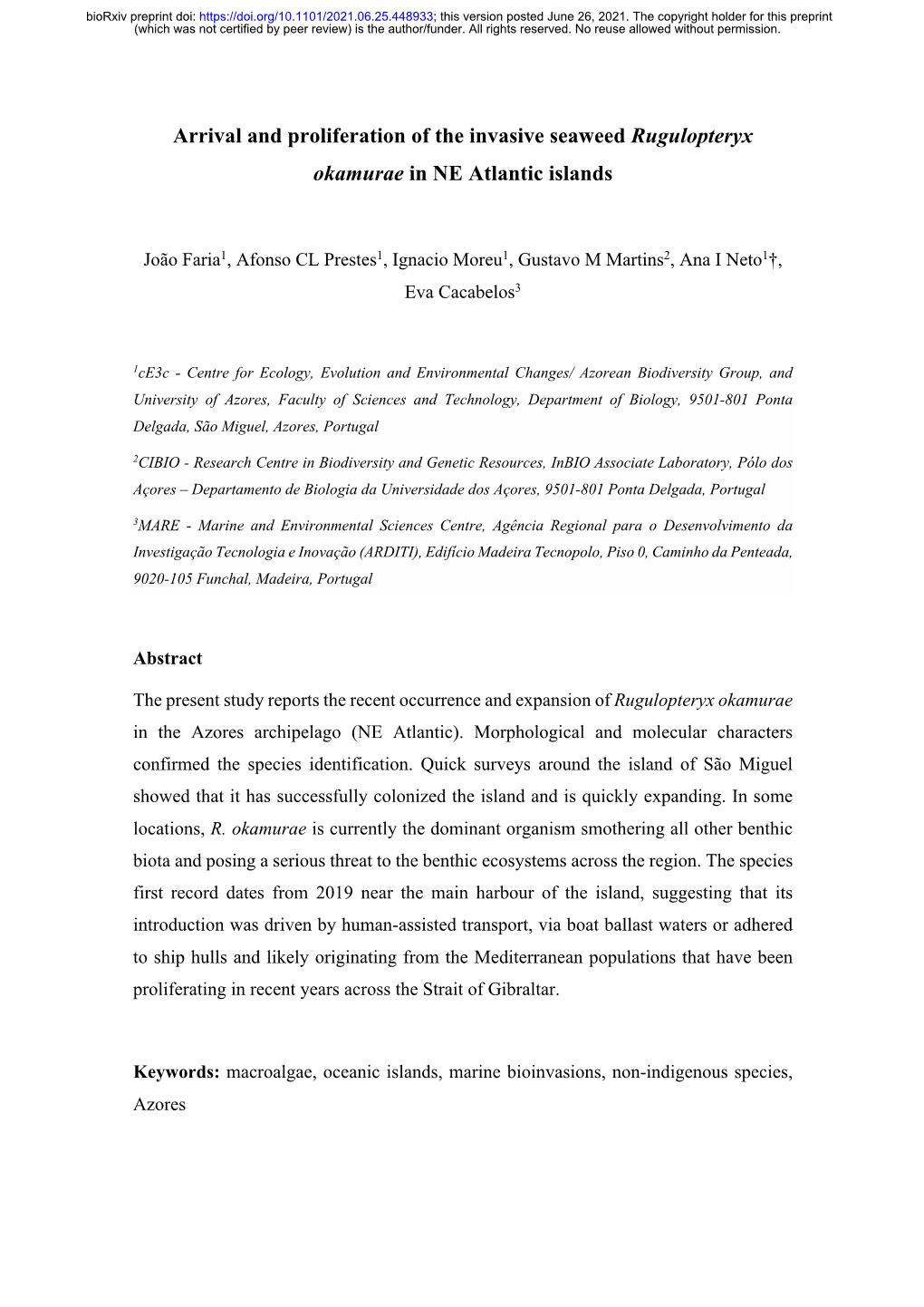 Arrival and Proliferation of the Invasive Seaweed Rugulopteryx Okamurae in NE Atlantic Islands