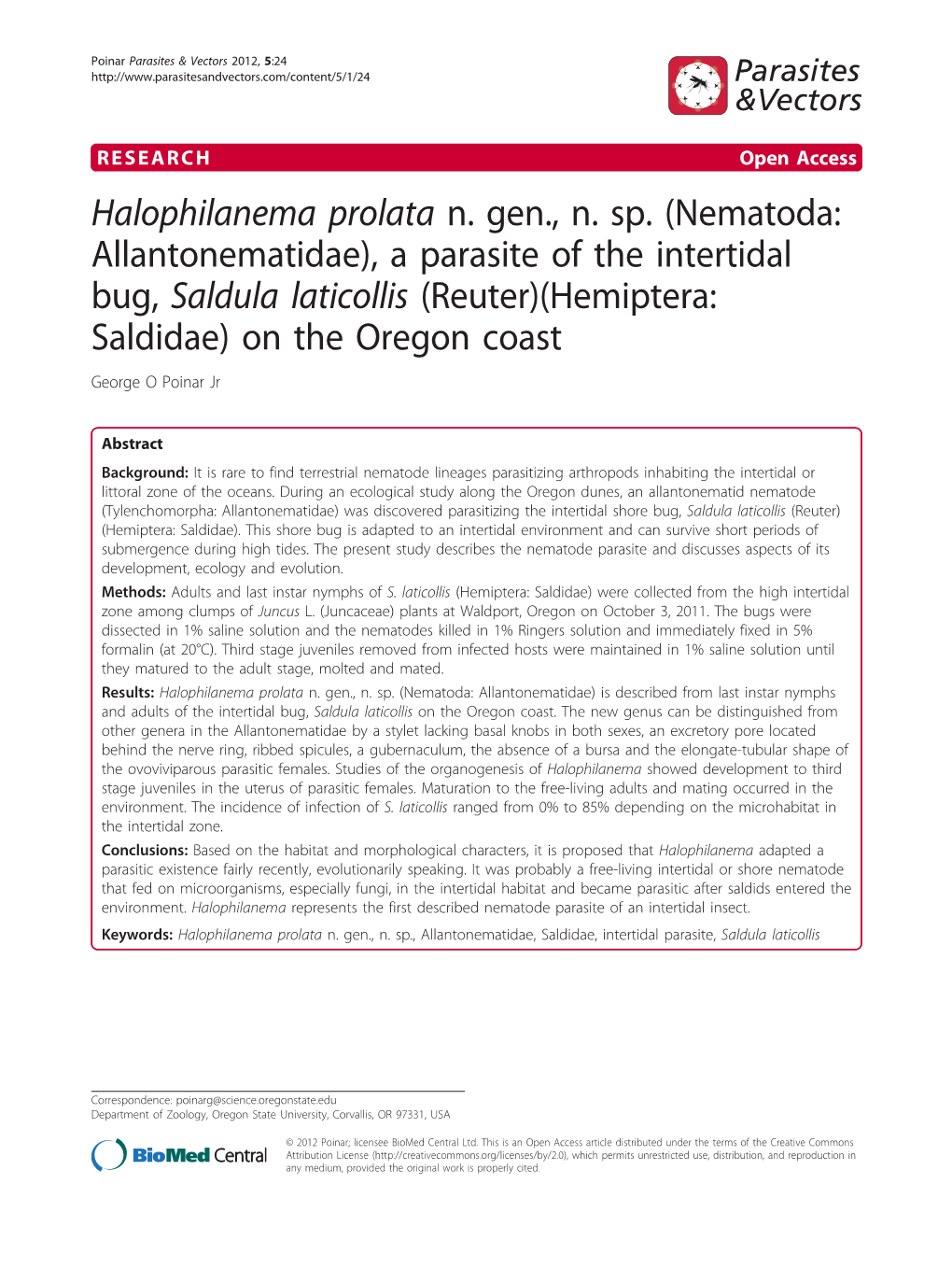 Halophilanema Prolata N. Gen., N. Sp. (Nematoda: Allantonematidae), A