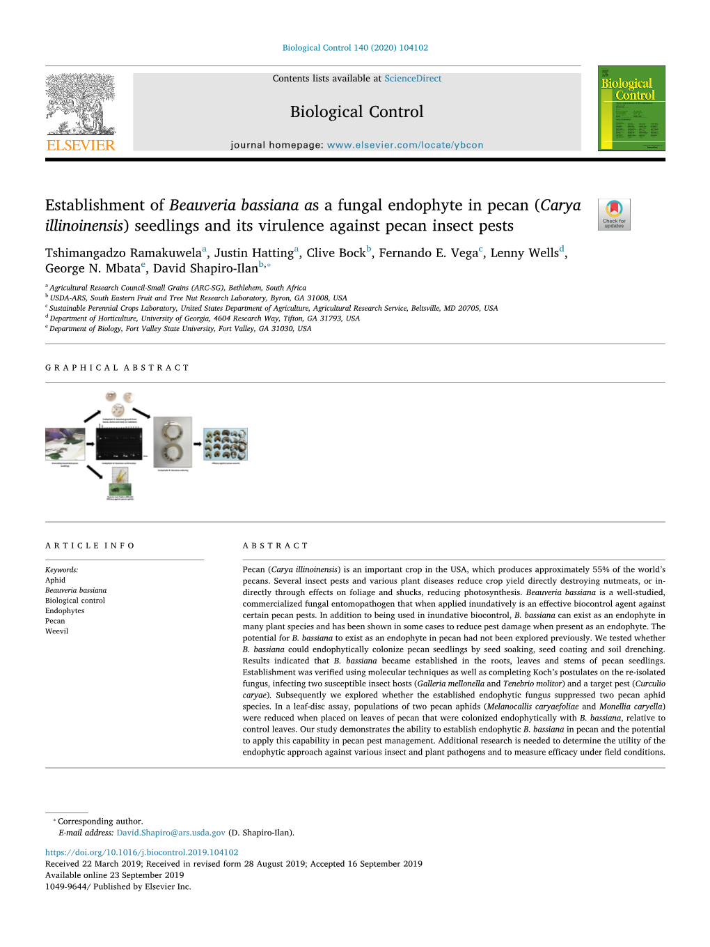 Establishment of Beauveria Bassiana As a Fungal Endophyte in Pecan (Carya Illinoinensis) Seedlings and Its Virulence Against Pecan Insect Pests T