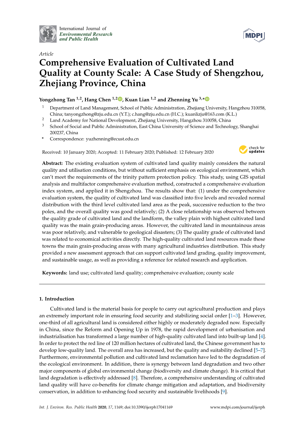 Comprehensive Evaluation of Cultivated Land Quality at County Scale: a Case Study of Shengzhou, Zhejiang Province, China