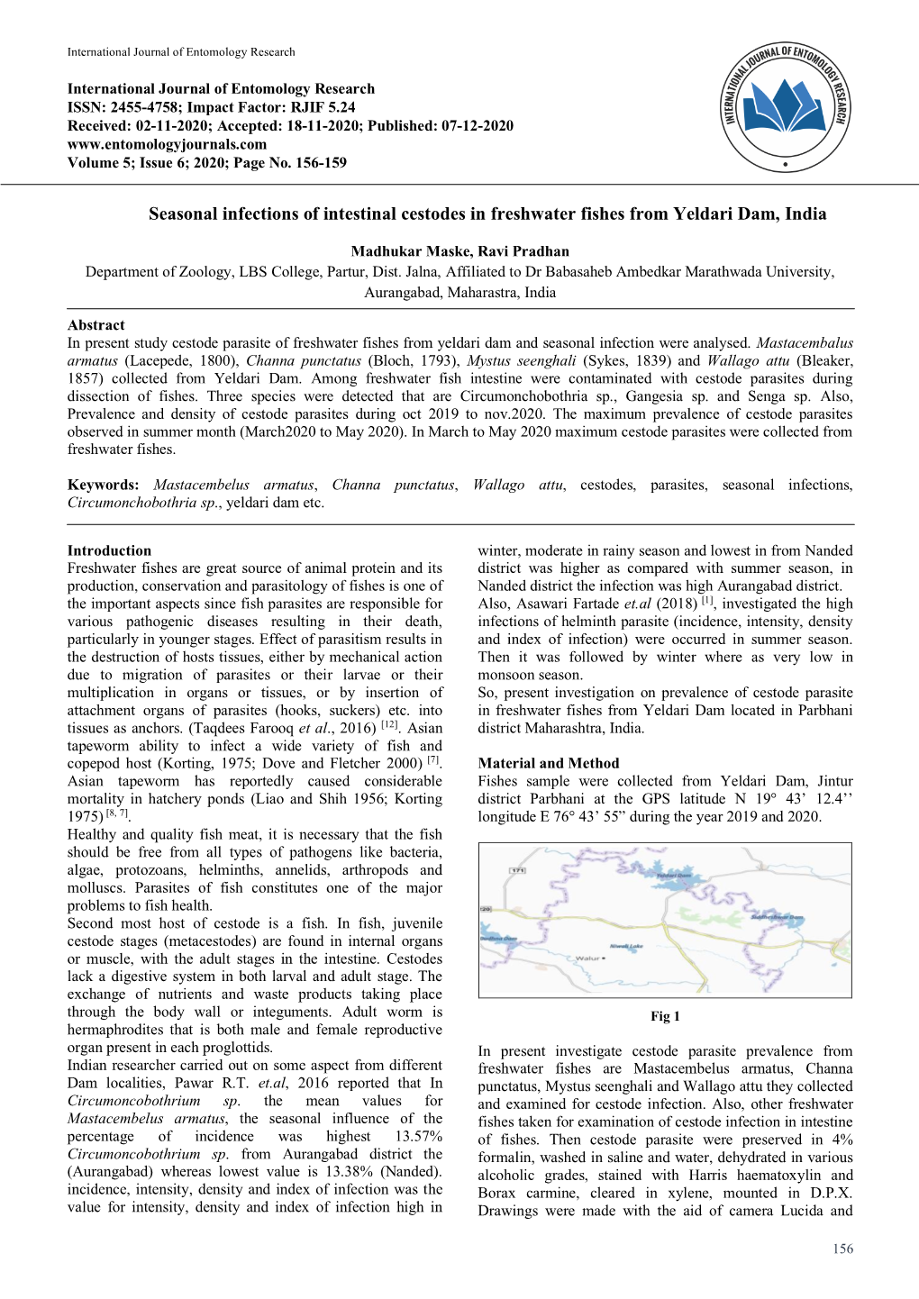 Seasonal Infections of Intestinal Cestodes in Freshwater Fishes from Yeldari Dam, India