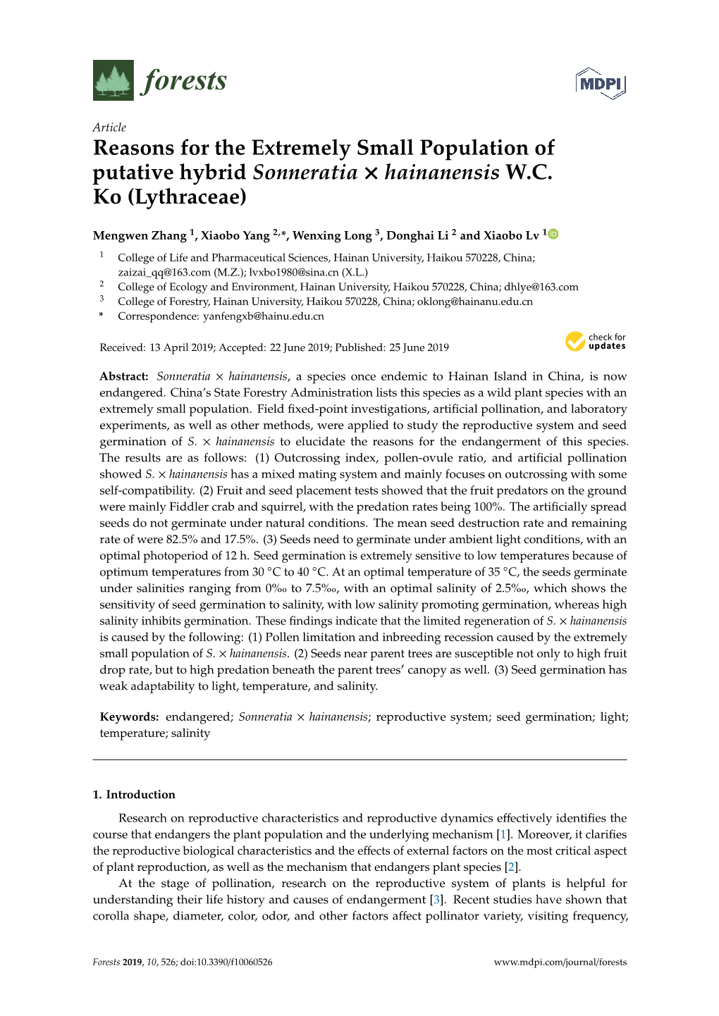 Reasons for the Extremely Small Population of Putative Hybrid Sonneratia Hainanensis W.C. Ko (Lythraceae)