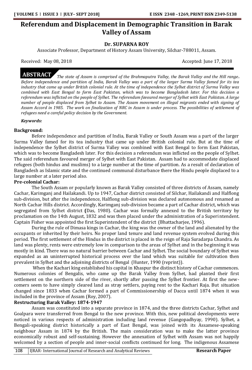 Referendum and Displacement in Demographic Transition in Barak Valley of Assam