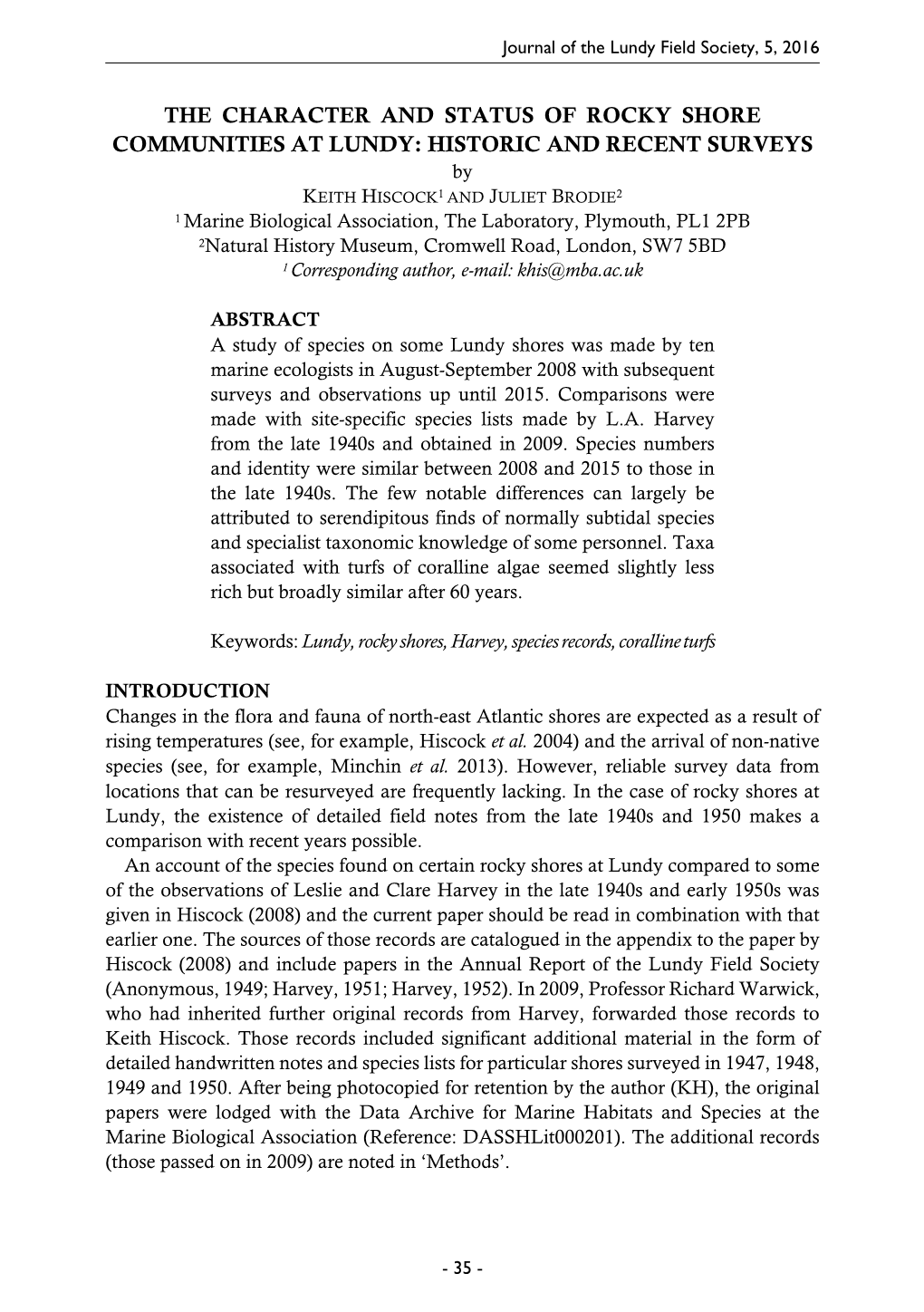 The Character and Status of Rocky Shore Communities At