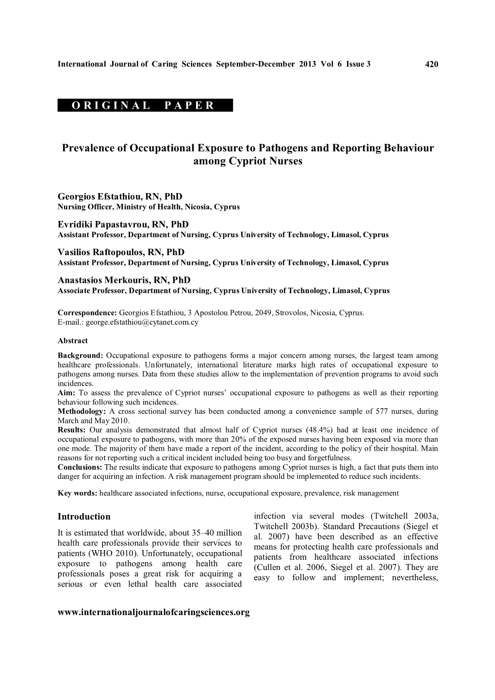 ORIGINALPAPER .R . Prevalence of Occupational Exposure To