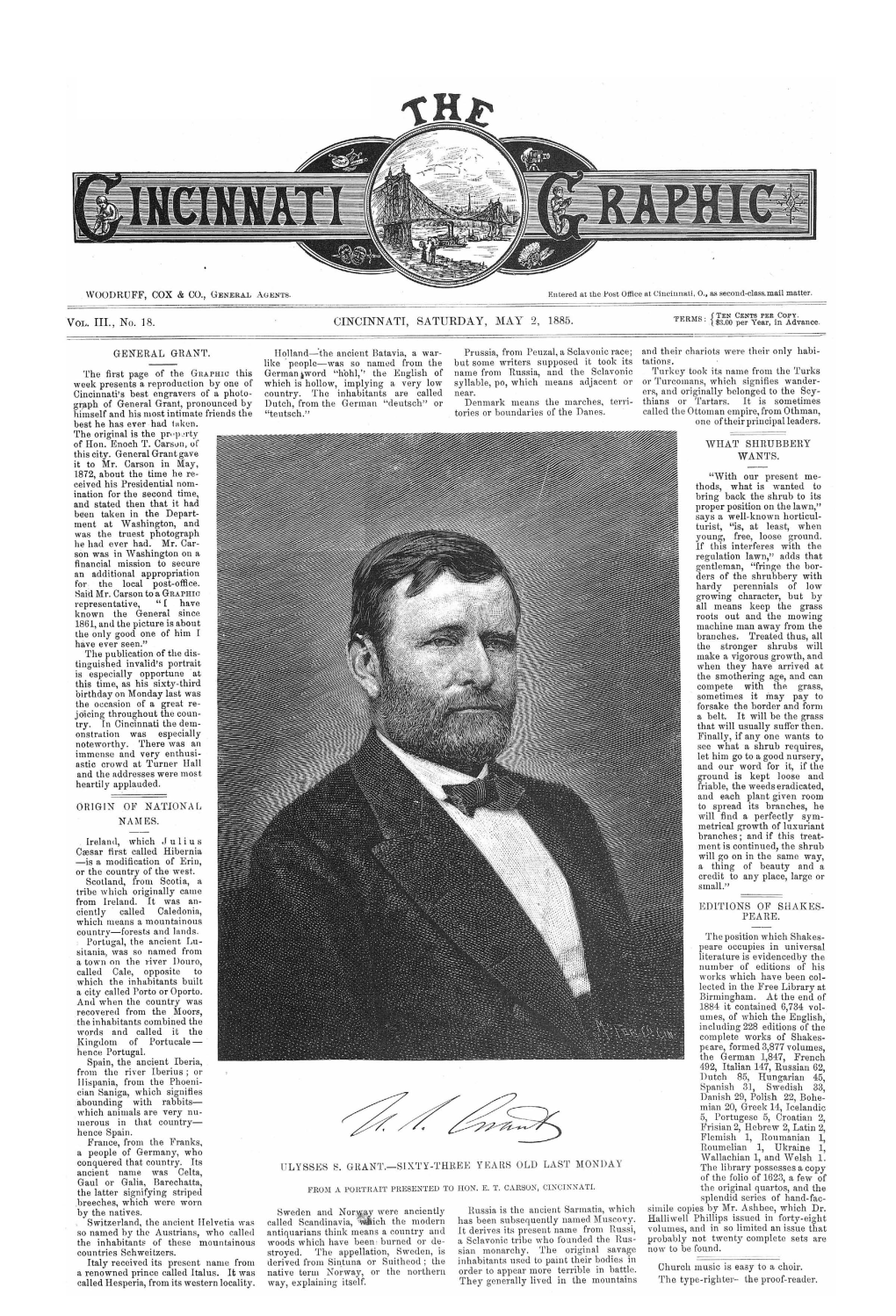 VOL. Ill, No. ]8. CINCINNATI, SATURDAY, MAY 2, 1885.