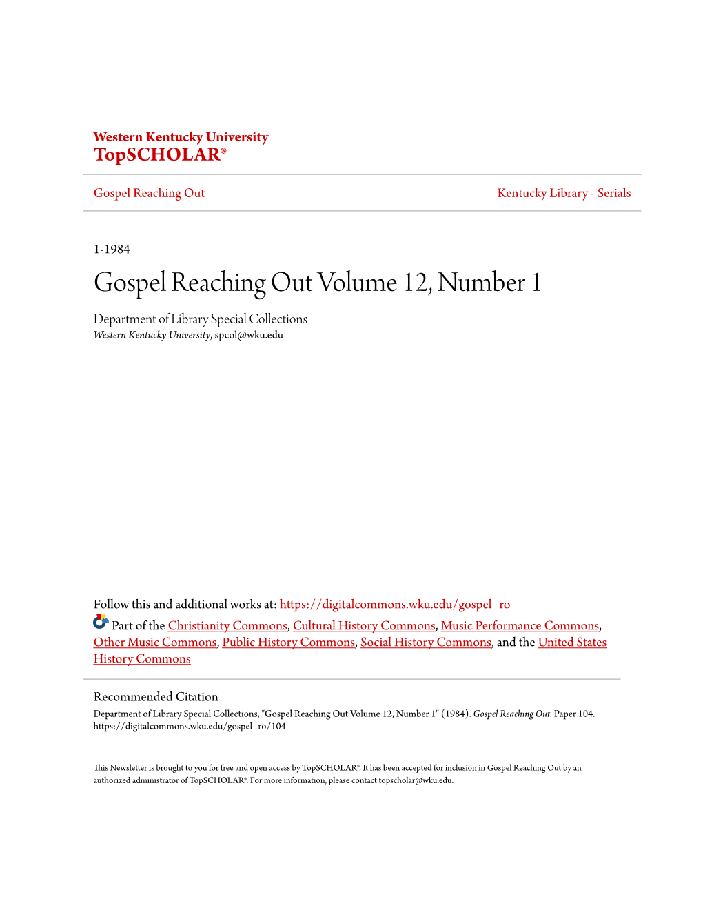 Gospel Reaching out Volume 12, Number 1 Department of Library Special Collections Western Kentucky University, Spcol@Wku.Edu