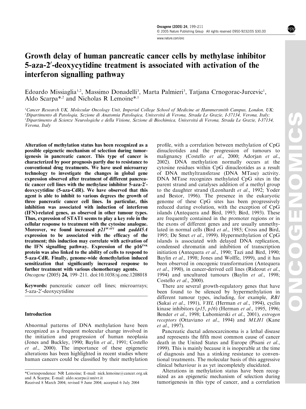 Growth Delay of Human Pancreatic Cancer Cells by Methylase Inhibitor 5-Aza-2