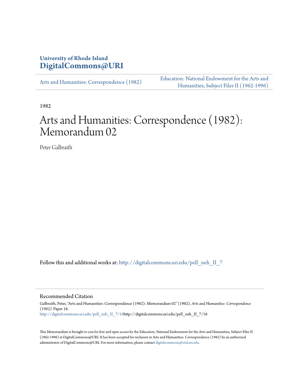 Arts and Humanities: Correspondence (1982): Memorandum 02 Peter Galbraith