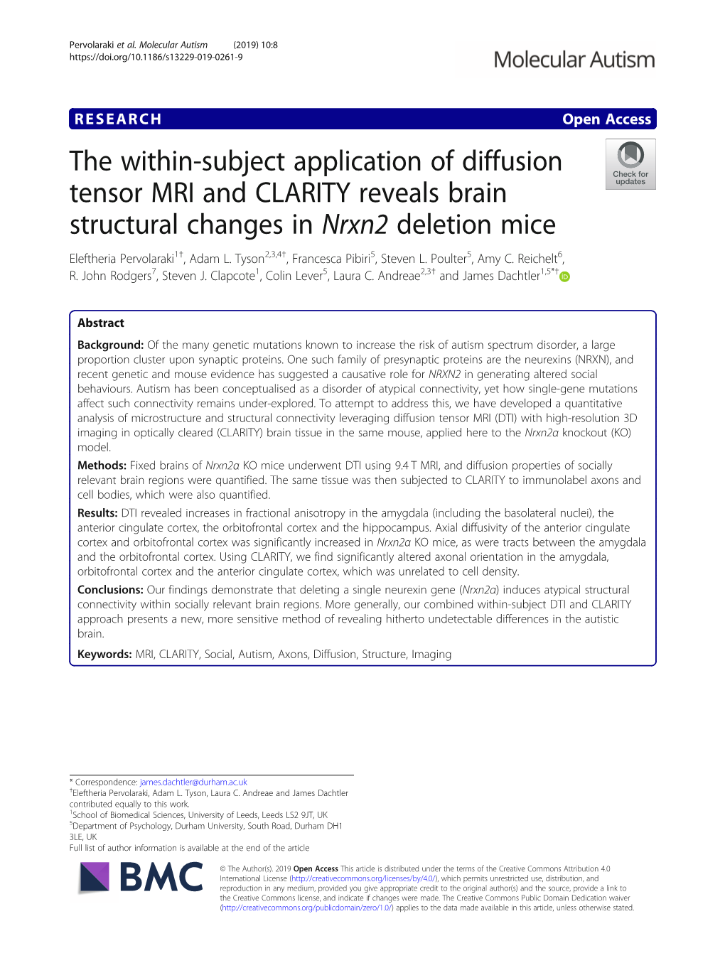 The Within-Subject Application of Diffusion Tensor MRI and CLARITY Reveals Brain Structural Changes in Nrxn2 Deletion Mice Eleftheria Pervolaraki1†, Adam L