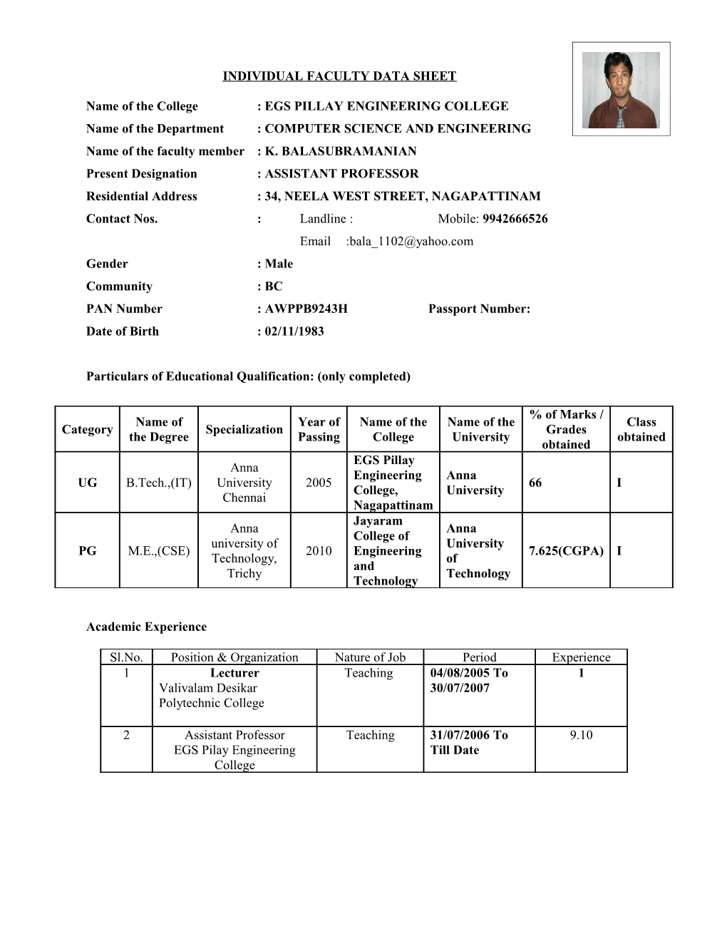 Name of the College : EGS PILLAY ENGINEERING COLLEGE