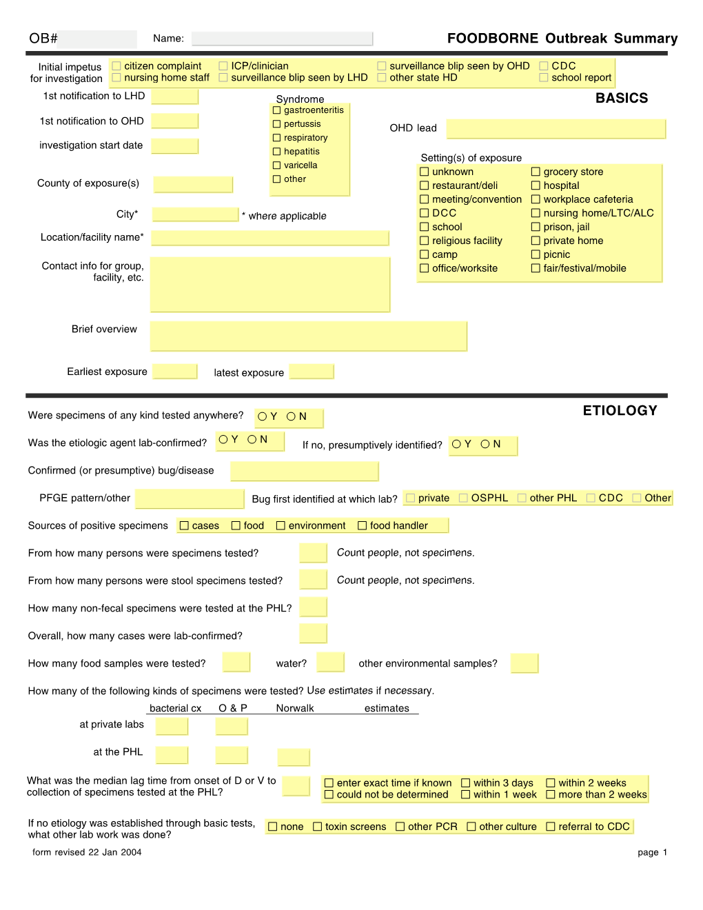 OB# FOODBORNE Outbreak Summary BASICS ETIOLOGY CASES