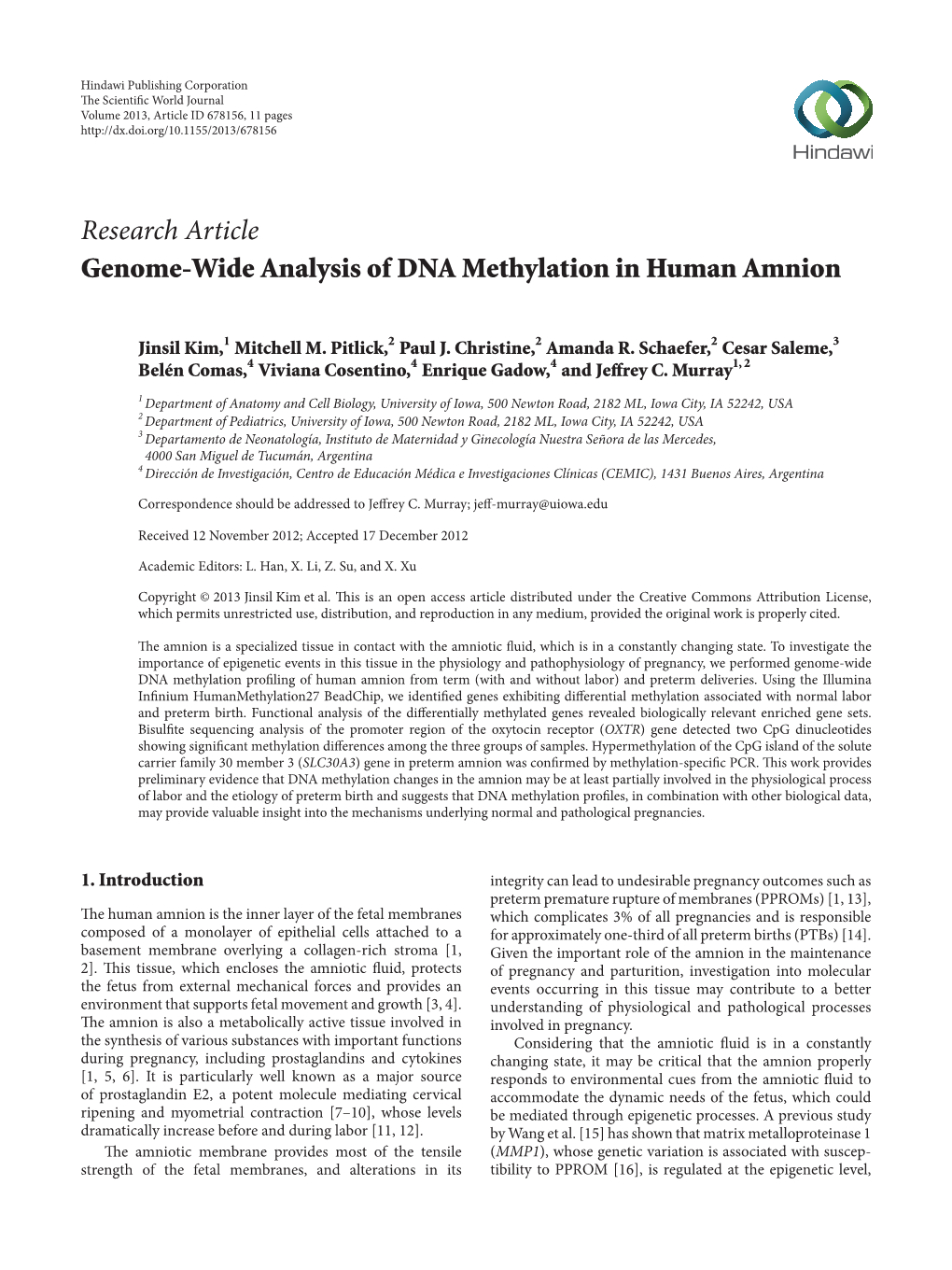 Genome-Wide Analysis of DNA Methylation in Human Amnion