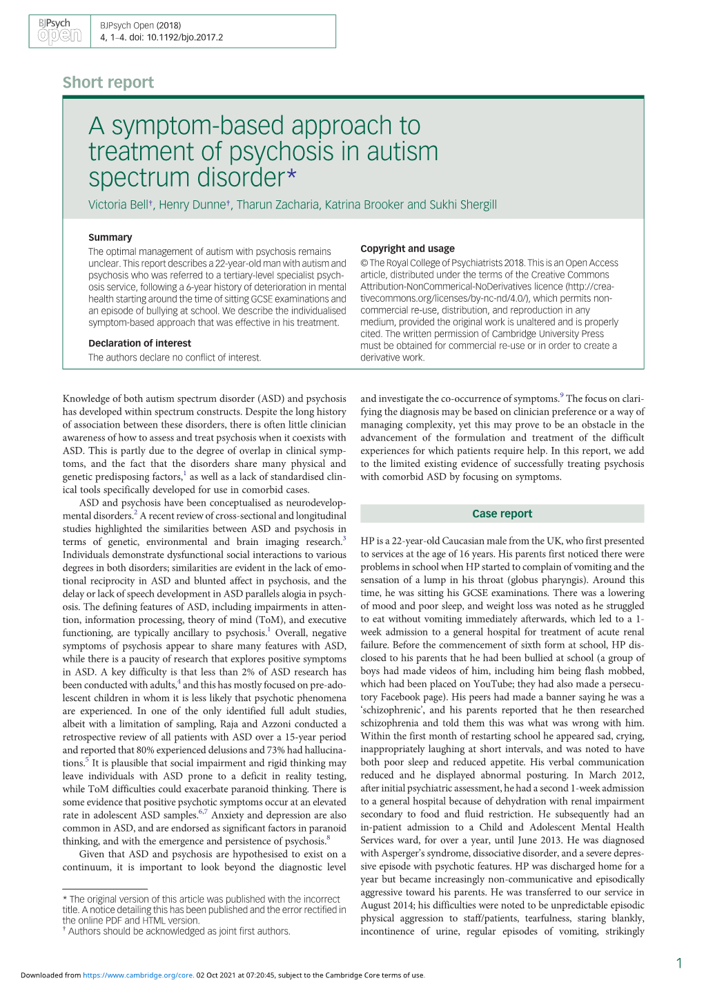 A Symptom-Based Approach to Treatment of Psychosis in Autism Spectrum Disorder* Victoria Bell†, Henry Dunne†, Tharun Zacharia, Katrina Brooker and Sukhi Shergill