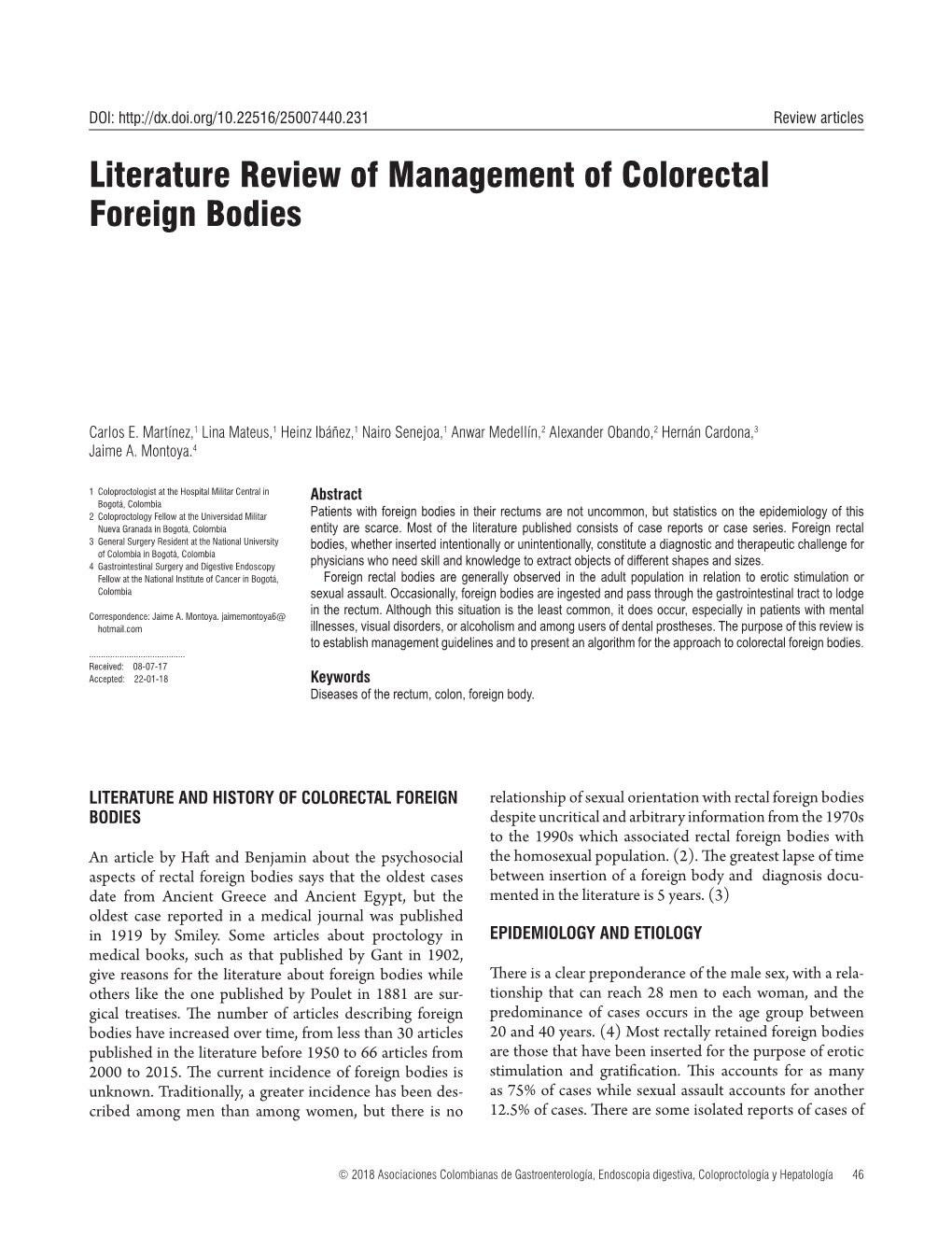 Literature Review of Management of Colorectal Foreign Bodies