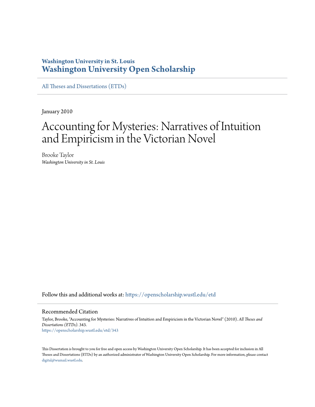 Narratives of Intuition and Empiricism in the Victorian Novel Brooke Taylor Washington University in St