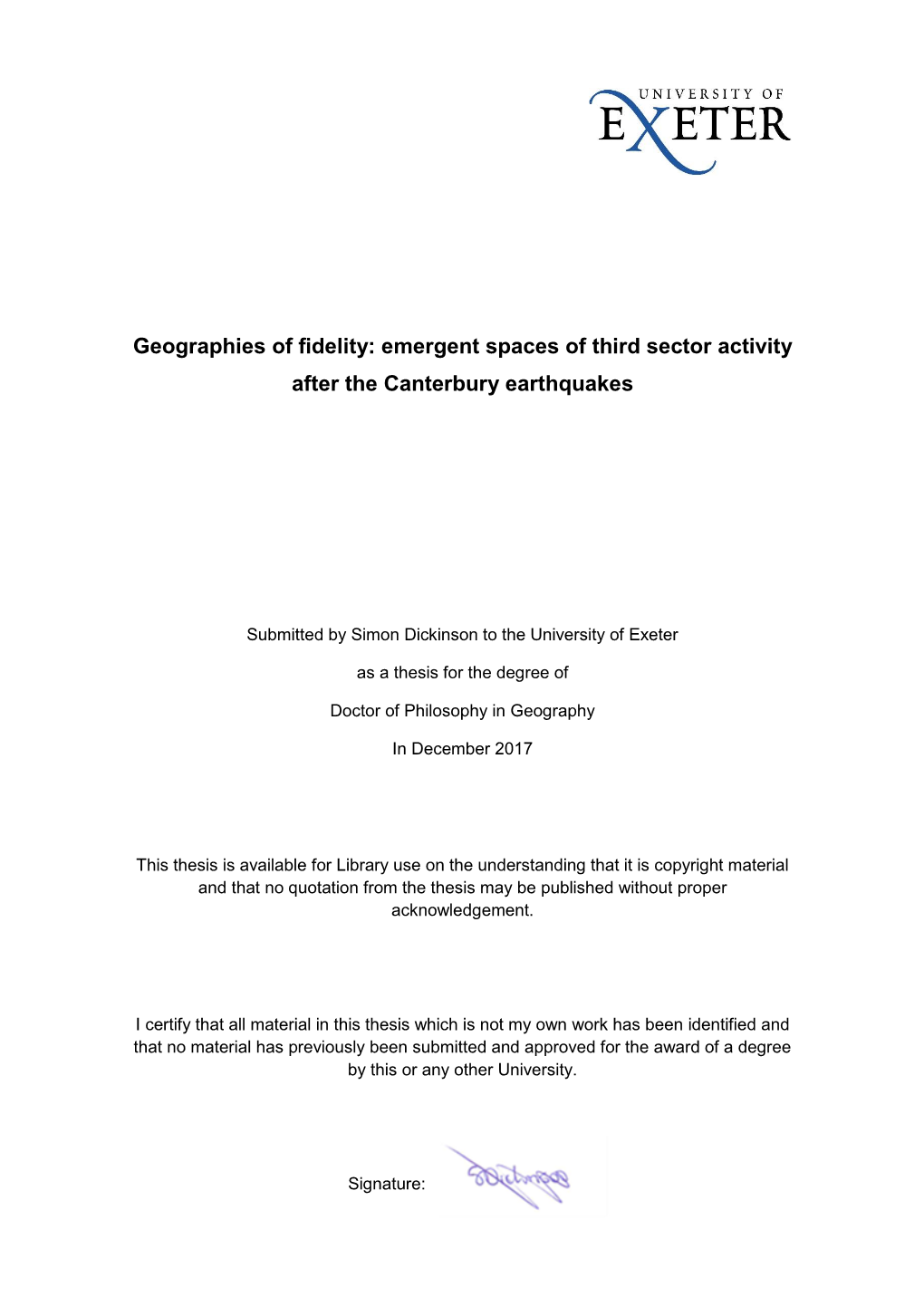 Geographies of Fidelity: Emergent Spaces of Third Sector Activity After the Canterbury Earthquakes