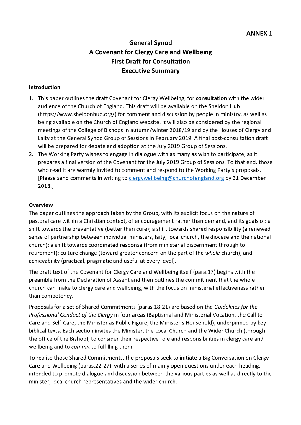 ANNEX 1 General Synod a Covenant for Clergy Care and Wellbeing First Draft for Consultation Executive Summary