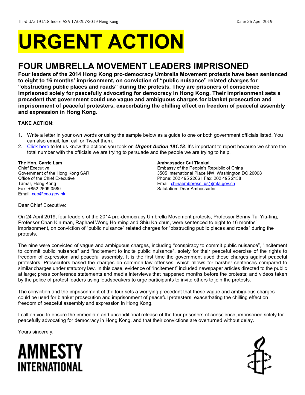 Urgent Action