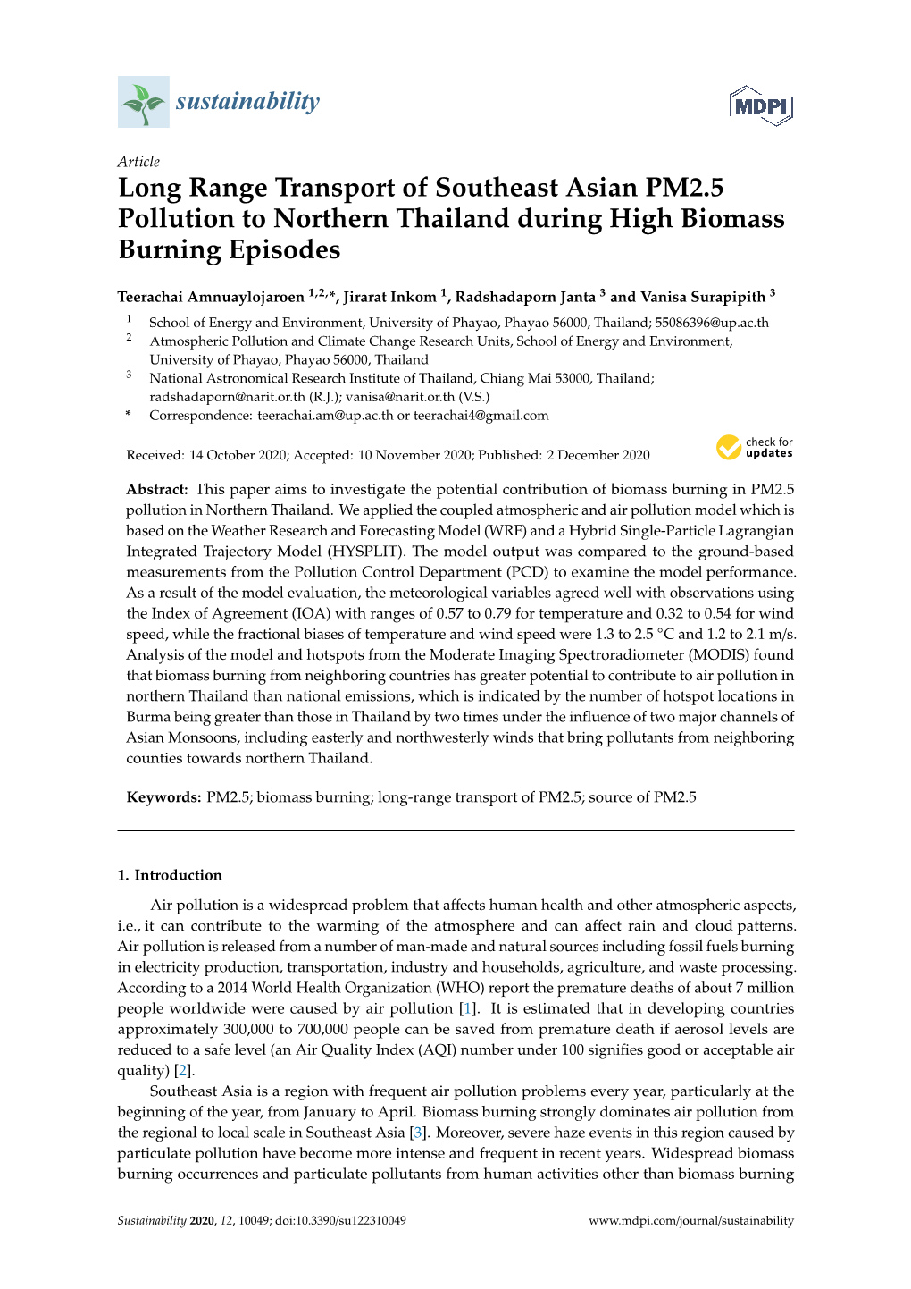Long Range Transport of Southeast Asian PM2.5 Pollution to Northern Thailand During High Biomass Burning Episodes
