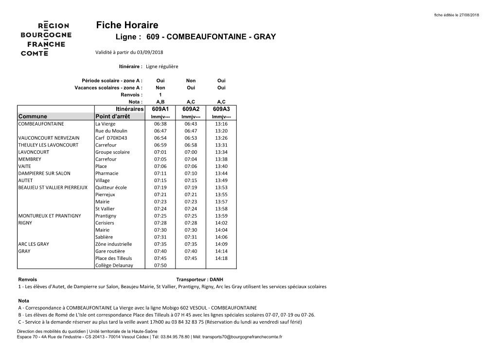 Fiche Horaire Ligne : 609 - COMBEAUFONTAINE - GRAY