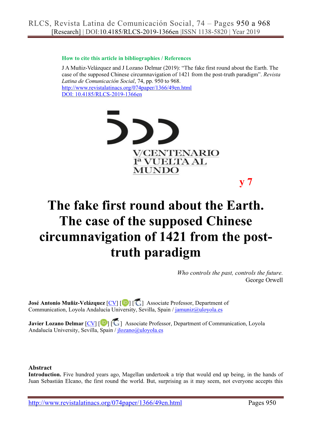 The Fake First Round About the Earth. the Case of the Supposed Chinese Circumnavigation of 1421 from the Post-Truth Paradigm”
