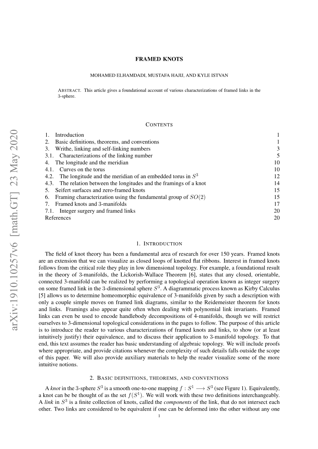 Arxiv:1910.10257V6 [Math.GT] 23 May 2020