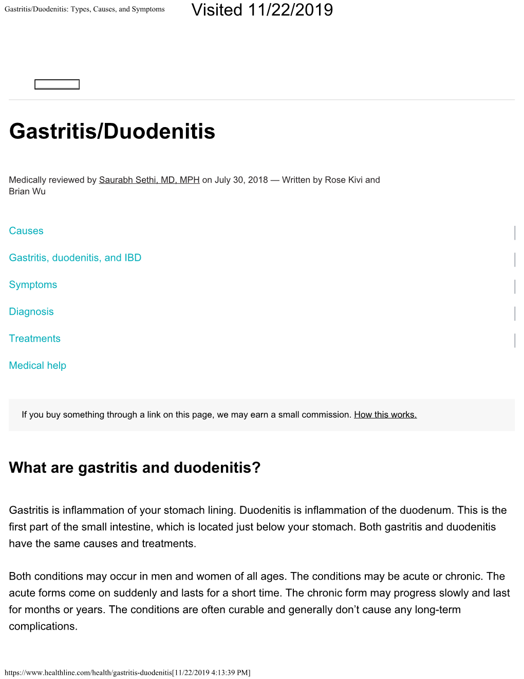 Gastritis/Duodenitis: Types, Causes, and Symptoms Visited 11/22/2019