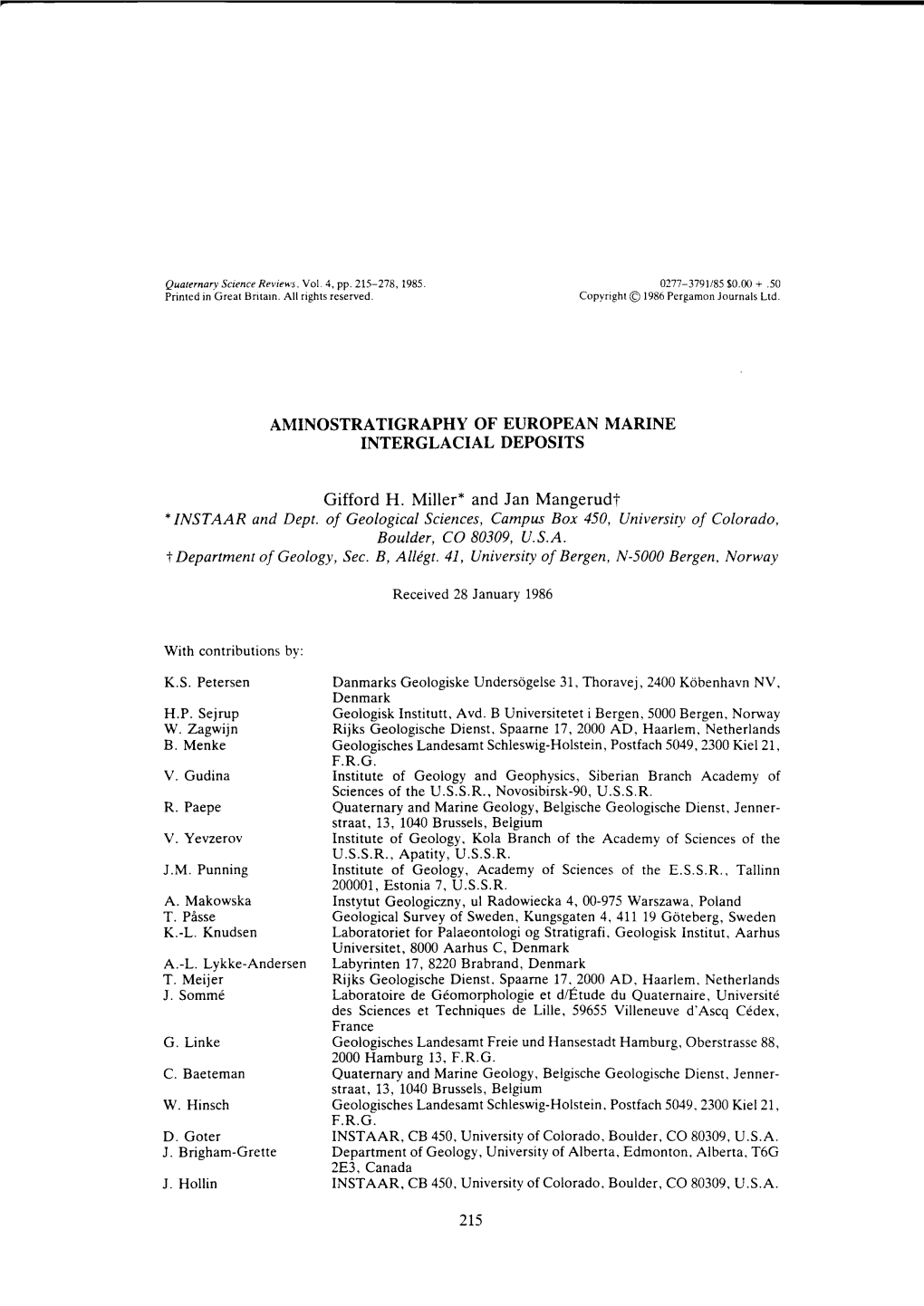 Aminostratigraphy of European Marine Interglacial Deposits 2T7