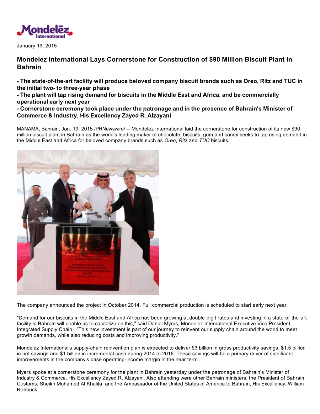 Mondelez International Lays Cornerstone for Construction of $90 Million Biscuit Plant in Bahrain