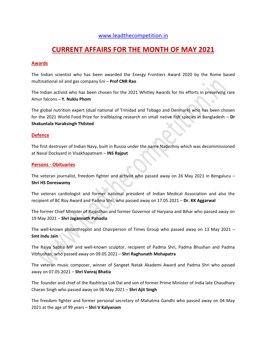 Current Affairs for the Month of May 2021