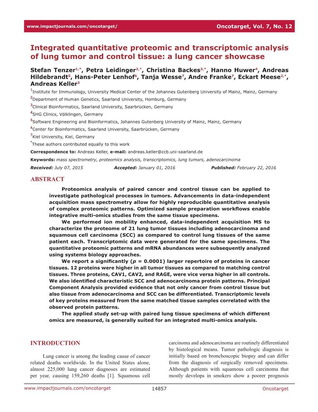 Integrated Quantitative Proteomic and Transcriptomic Analysis of Lung Tumor and Control Tissue: a Lung Cancer Showcase