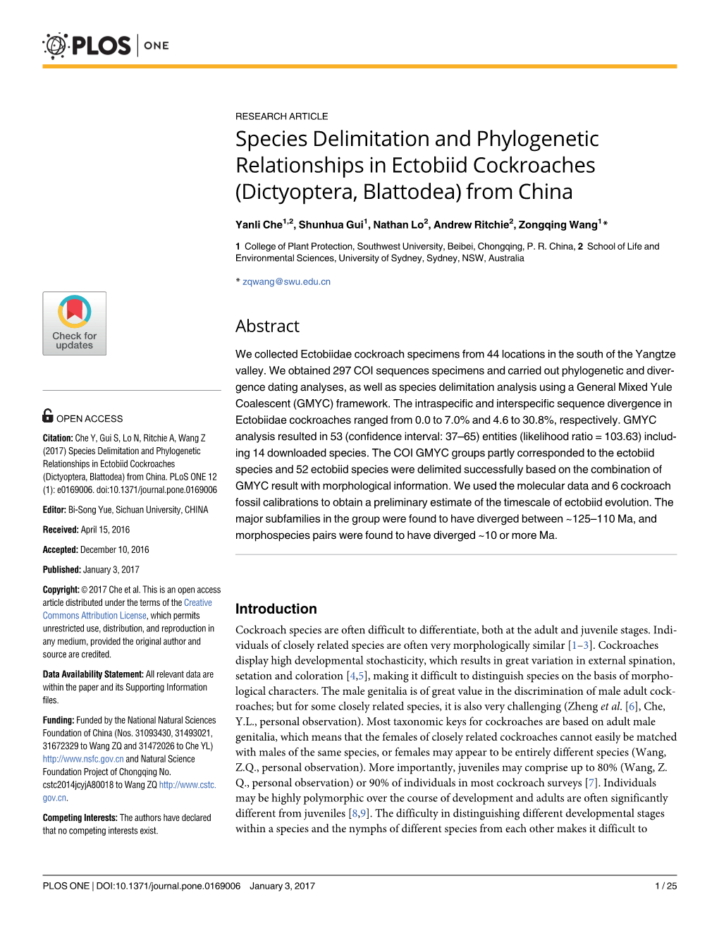 Species Delimitation and Phylogenetic Relationships in Ectobiid Cockroaches (Dictyoptera, Blattodea) from China