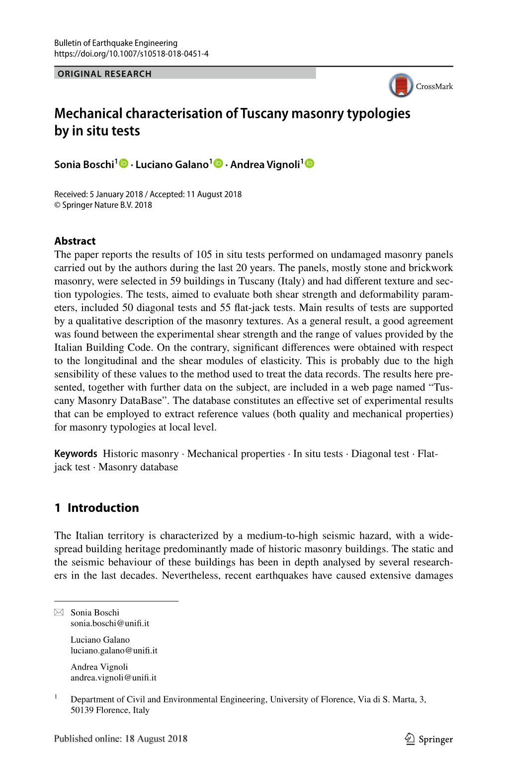 Mechanical Characterisation of Tuscany Masonry Typologies by in Situ Tests