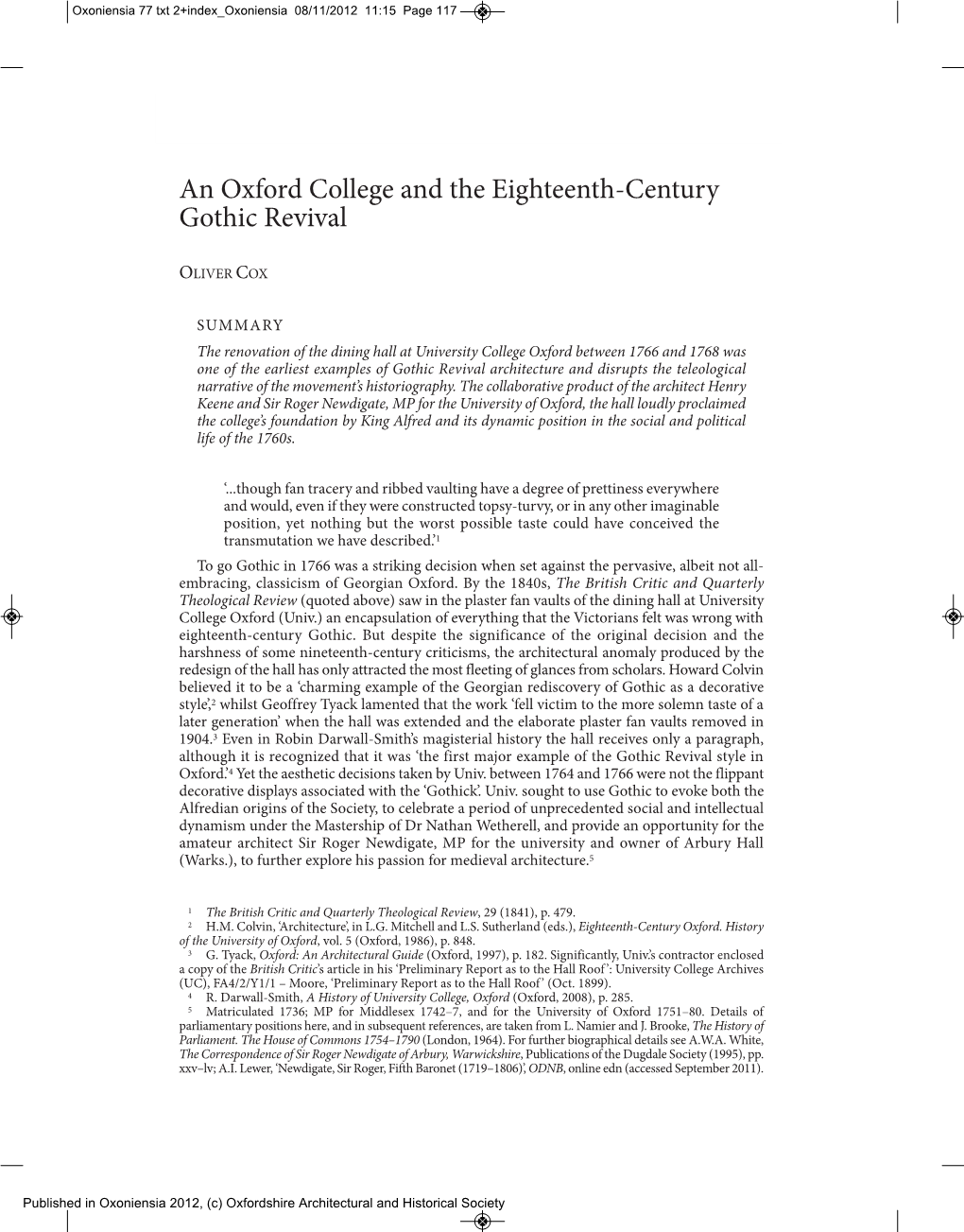 An Oxford College and the Eighteenth-Century Gothic Revival