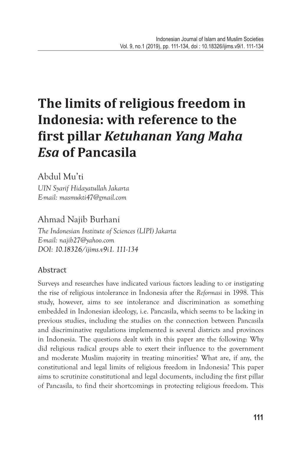 The Limits of Religious Freedom in Indonesia: with Reference to the First Pillar Ketuhanan Yang Maha Esa of Pancasila