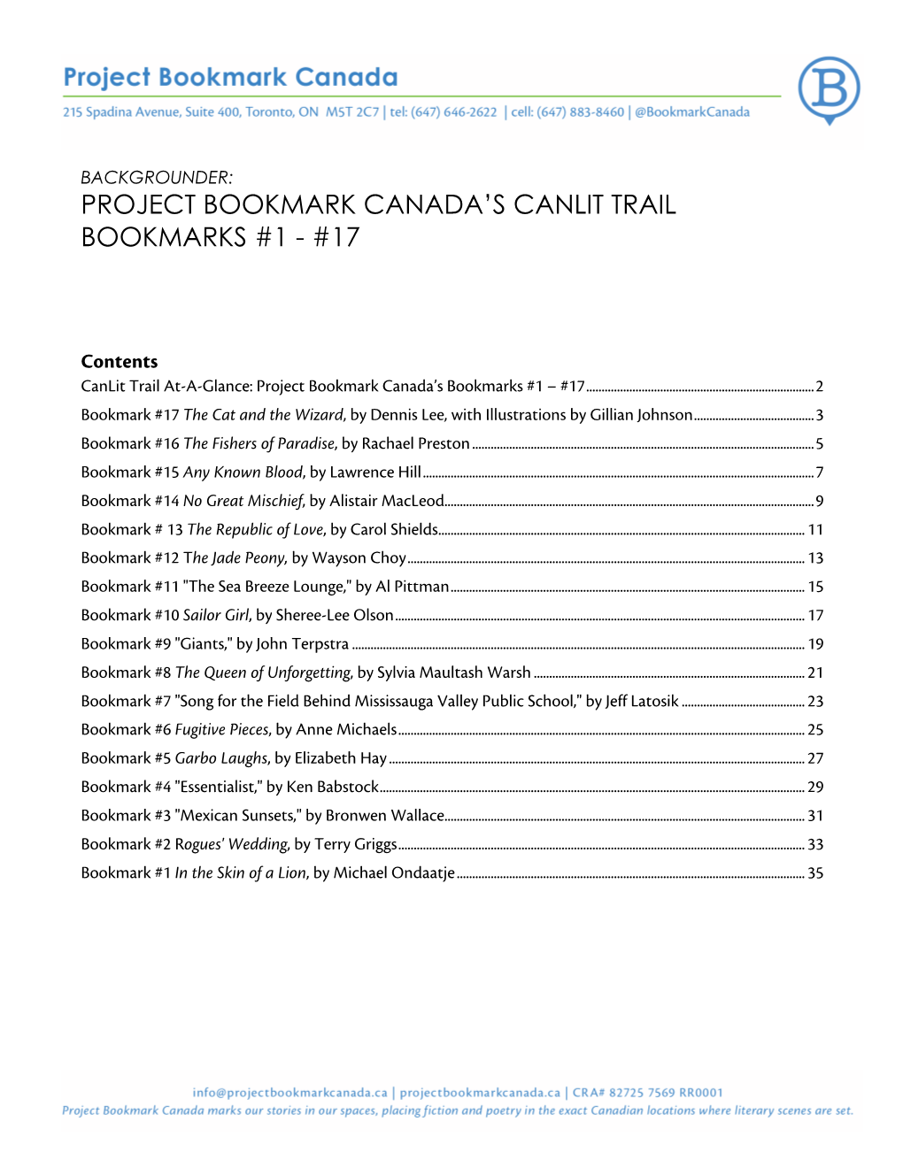 Project Bookmark Canada's Canlit Trail #1-17 (2009