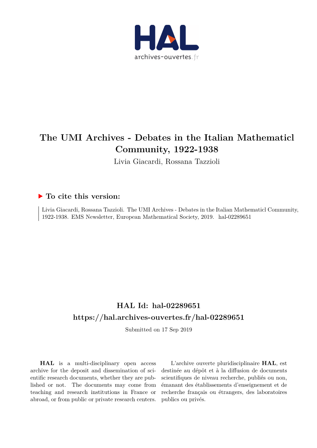 Debates in the Italian Mathematicl Community, 1922-1938 Livia Giacardi, Rossana Tazzioli