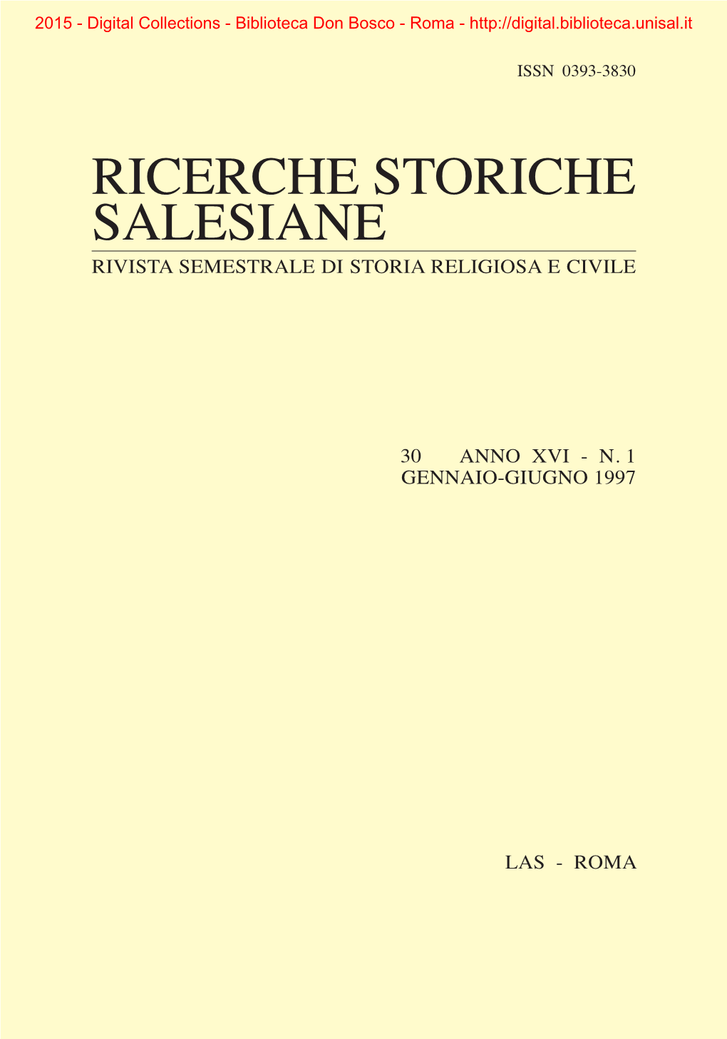 Ricerche Storiche Salesiane Rivista Semestrale Di Storia Religiosa E Civile